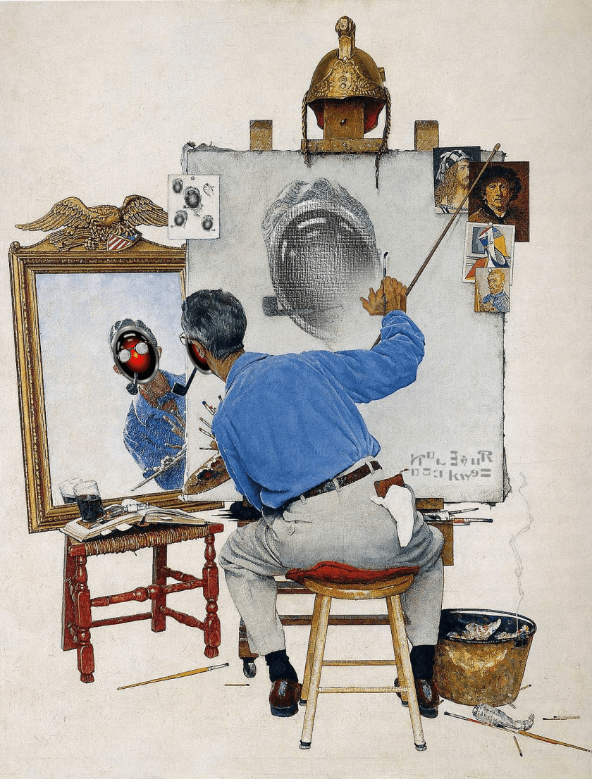 Norman Rockwell’s ‘self portrait.’ All the Rockwell faces have been replaced with HAL 9000 from Kubrick’s ‘2001: A Space Odyssey.’ His signature has been modified with a series of rotations and extra symbols. He has ten fingers on his one visible hand.