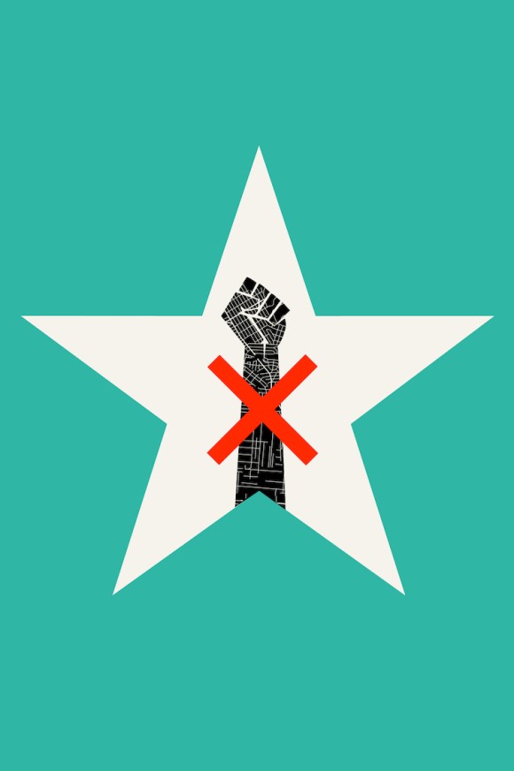 Will Staehle's cover for 'Spill': a white star on an aqua background; a black stylized fist rises out of the star with a red X over its center.