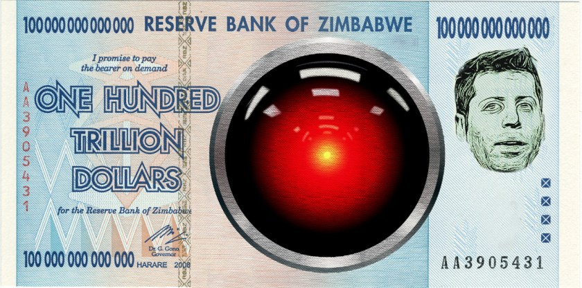 A Zimbabwean one hundred trillion dollar bill; the bill's iconography have been replaced with the glaring red eye of HAL 9000 from Stanley Kubrick's '2001: A Space Odyssey' and a stylized, engraving-style portrait of Sam Altman.'