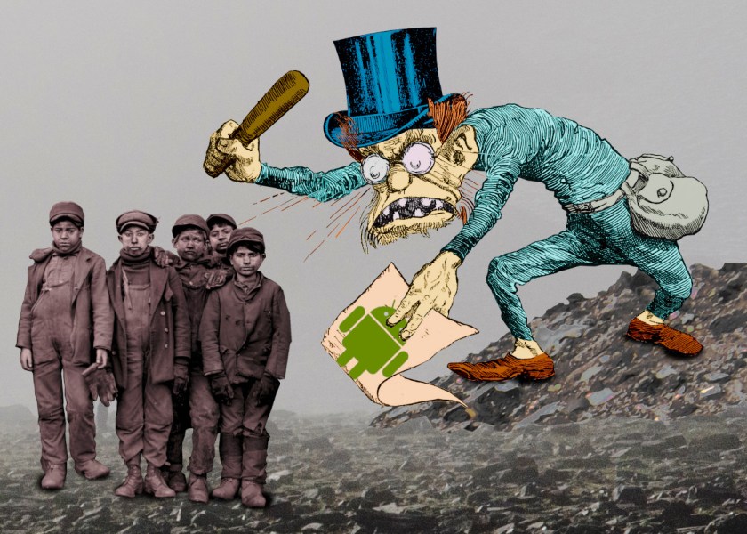 A group of child miners, looking grimy and miserable, standing in a blasted gravel wasteland. To their left, standing on a hill, is a club-wielding, mad-eyed, top-hatted debt collector, brandishing a document bearing an Android logo.