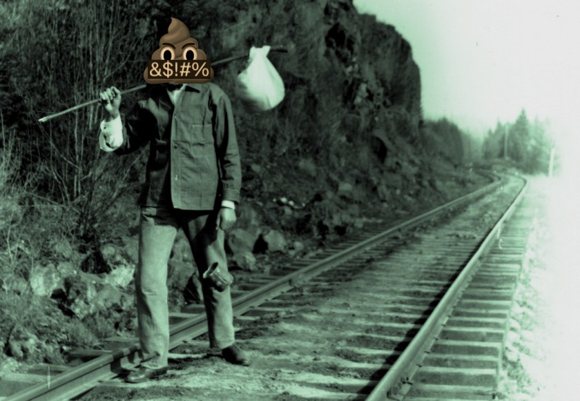 A hobo with a bindlestiff, walking down a lonely train track. His head has been replaced with a poop emoji with angry eyebrows whose mouth is covered with a black bar covered in grawlix.