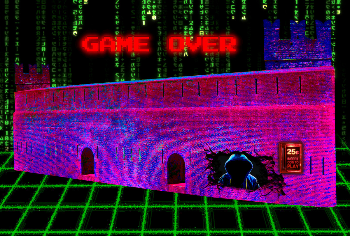 A psychedelic, brightly colored castle wall with turrets. It floats on in an existential background of a glowing, neon green grid that meets a code waterfall as seen in the credit sequences of the Wachowskis' 'Matrix' films. The words GAME OVER are centered above the wall in the sky, in blocky, glowing, 8-bit type. The wall is shattered and peering out of it is a shadowy hacker in a hoodie. Next to the shattered wall is a red 'insert coin' slot from a vintage arcade game.