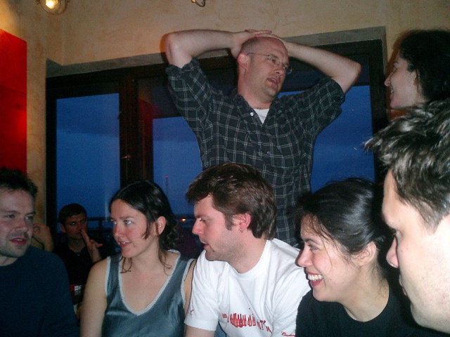 Tom Coates, Fiona Romeo, James Cronin, Caterina Fake, Clay Shirky, JC Herz at the rooftop bar, Hotel Torni