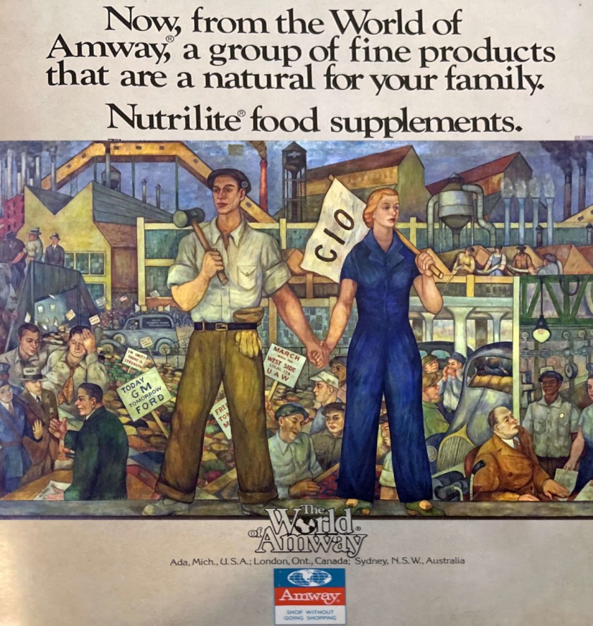 A vintage ad for Amway Nutrilite supplements; the illustration in the center of the ad has been replaced with a WPA mural depicting trade unionists rising up against capitalism.