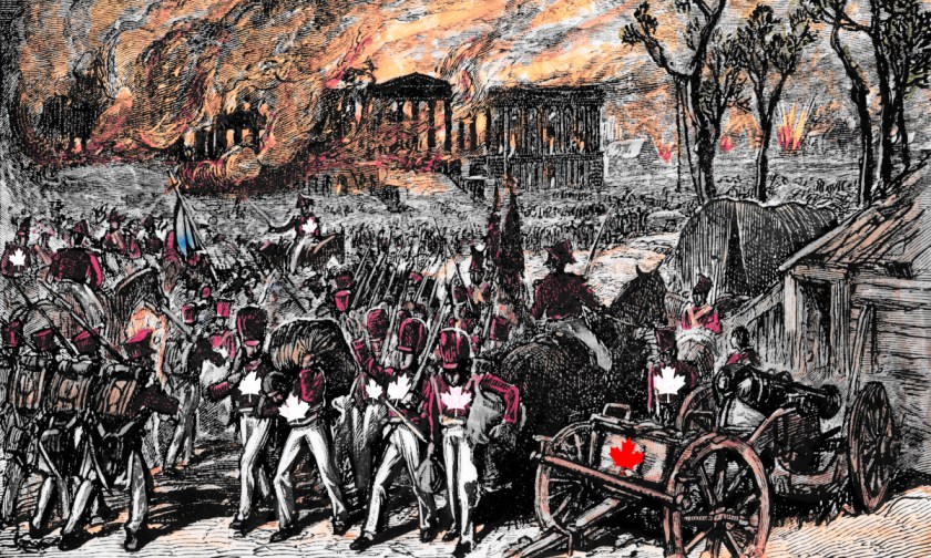 A 19th century painting depicting the burning of the White House during the War of 1812. The white Xes on the soldiers' uniforms have been replaced with white Canadian maple leaves.
