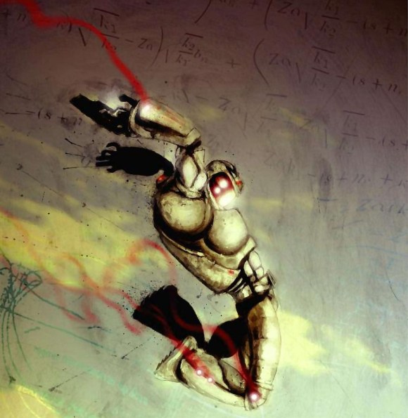 Ben Templesmith's art for the comic adaptation of 'Nimby and the D-Hoppers', depicting a figure in powered armor flying through a slate-gray sky filled with abstract equations.