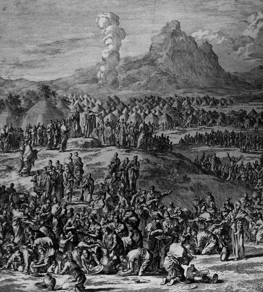 The Phillip Medhurst Picture Torah 397. The Israelites collect manna. Exodus cap 16 v 14. Luyken and son.