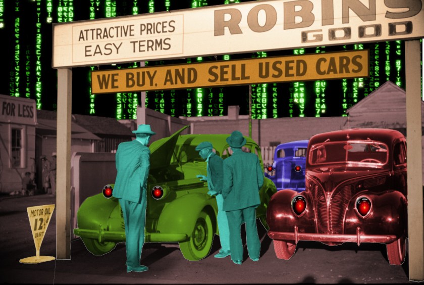 A Depression-era photo of a used car lot with three cars for sale. It has been hand-tinted. The sky has been replaced with a 'code waterfall' effect as seen in the credit sequences of the Wachowskis' 'Matrix' movies. All of the car headlights have been replaced with the hostile red eye of 'HAL 9000' in Kubrick's '2001: A Space Odyssey.'